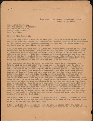 Selma C. Maximon typed letter (copy) to Agnes Campbell (Federal Council of Churches), Cambridge, Mass., April 17, 1923