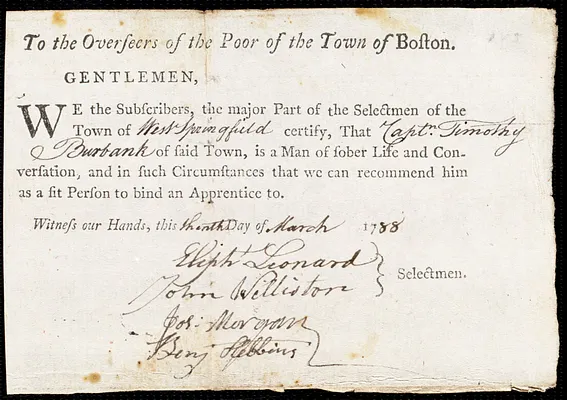 Elizabeth Levett indentured to apprentice with Timothy Burbank of West Springfield, 29 February 1788