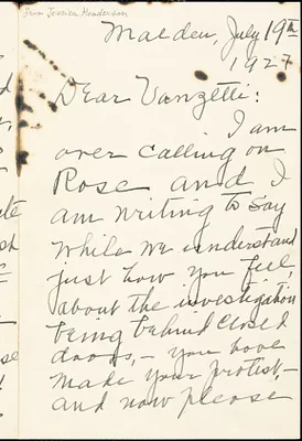 Jessica Henderson autographed letter signed to Bartolomeo Vanzetti, Malden, 19 July 1927