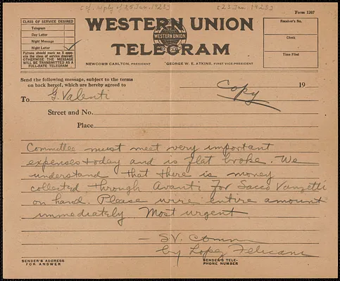 Frank R. Lopez and Aldino Felicani (Sacco-Vanzetti Defense Committee) autograph telegram (copy) to G. Valenti [Italian Socialist Federation of the Socialist Party of America], Boston, Mass., [January 23, 1923]
