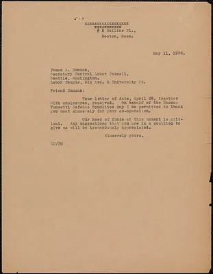 Sacco-Vanzetti Defense Committee typed letter (copy) to James A.Duncan (Central Labor Council, Seattle, Wash.), Boston, Mass., May 11, 1922