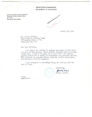 Letter from Dr. Hadley Cantril to Joseph Phillips, with Attachment