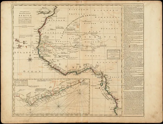 A new and correct map of the coast of Africa, from Sta. Cruz lat. 30 north. to the coast of Angola lat 11. S. with explanatory notes of all the forts and settlements belonging to the several European powers