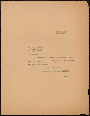 Sacco-Vanzetti Defense Committee typed note (copy) to Mrs. M.F. Harnack, Boston, Mass., June 13, 1927