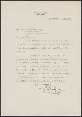 Herbert Brutus Ehrmann Papers, 1906-1970. Sacco-Vanzetti. Correspondence re: research and publication of The Untried Case, 1928-1937. Box 2, Folder 18, Harvard Law School Library, Historical & Special Collections
