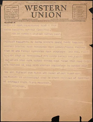 [Coal Miners of ?] telegram to Sacco-Vanzetti Defense Committee, Wilkes-Barre, Pa., August 5, 1927