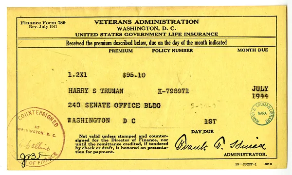 Insurance Premium Notice for Harry S. Truman, United States Veterans Administration
