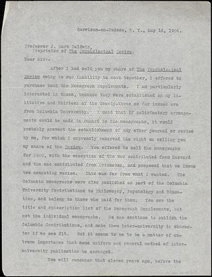 Cattell, James McKeen, 1860-1944 typed letter (copy) to J. Mark Baldwin, Garrison-on-Hudson, 14 May 1904