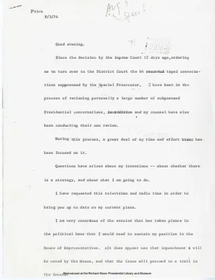 Raymond K. Price Speech File: Option B--Resignation, Draft 8/4/74 (See also Statement 8/5 and Resig. 8/8), Ofcl. Copies