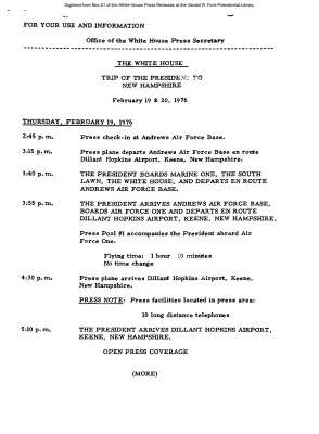 Schedule of Trip of the President to New Hampshire