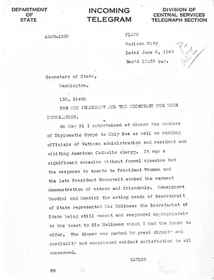 Telegram from Myron C. Taylor to Secrertary of State Edward Stettinius