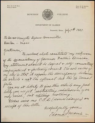 Thomas Means autograph letter signed to Sacco-Vanzetti Defense Committee, Brunswick, Me., July 7, 1927