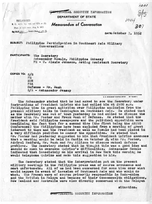 Memorandum of Conversation with Secretary of State Dean Acheson, Ambassador of the Philippines Carlos Romulo, and U. Alexis Johnson