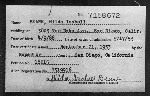 Beare, Hilda Isabell - 1953