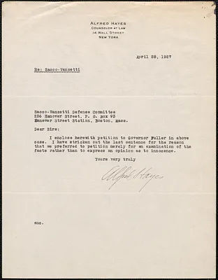 Alfred Hayes typed letter signed to Sacco-Vanzetti Defense Committee, New York, N.Y., April 28, 1927