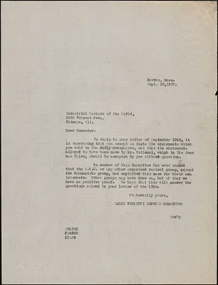 Mary Donovan (Sacco-Vanzetti Defense Committee) typed letter (copy) to Industrial Workers of the World, Boston, Mass., September 19, 1927