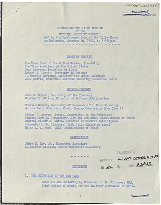 Minutes of the One Hundred and Eleventh Meeting of the National Security Council