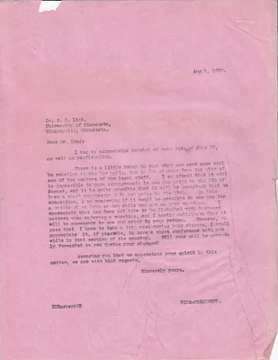 Letters Sent to Dr. S.C. Lind, August 1, 1927