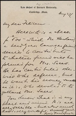 Felix Frankfurter autograph note signed to Aldino Felicani, Cambridge, Mass, August 27, [1927]