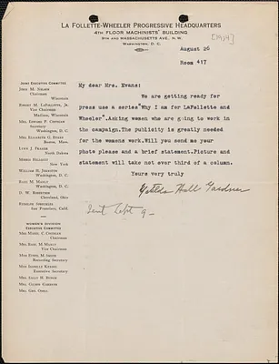 Matilda Hall Gardner (La Follette-Wheeler Progressive Headquarters) typed note signed to [Elizabeth Glendower] Evans, Washington, D. C., August 26, [1924]