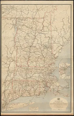 Post route map of the states of New Hampshire, Vermont, Massachusetts, Rhode Island, Connecticut and parts of New York and Maine