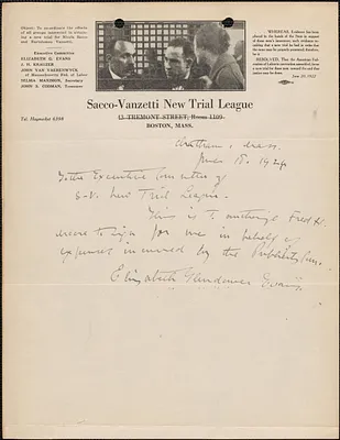 Elizabeth Glendower Evans autograph note signed to Sacco-Vanzetti New Trial League, Chatham, Mass., June 18, 1924