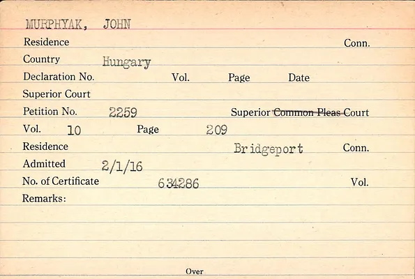 Fairfield County Superior Court and Fairfield County Court of Common Pleas, Index to Records of Naturalization, 1839-1955, Murphyak-Nelson, L.
