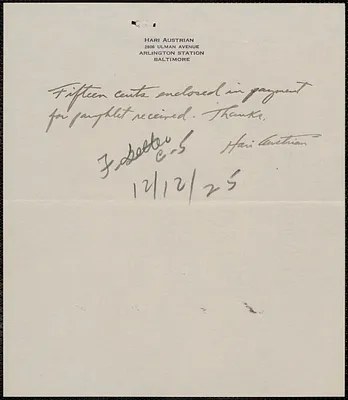 Hari Austrian autograph letter signed to Sacco-Vanzetti Defense Committee, Baltimore, Md., November 3, 1923