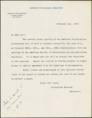 Farrand, Livingston, 1867-1939 autograph letter signed typed circular letter with typed signature to Hugo Münsterberg, New York, 1 November 1898