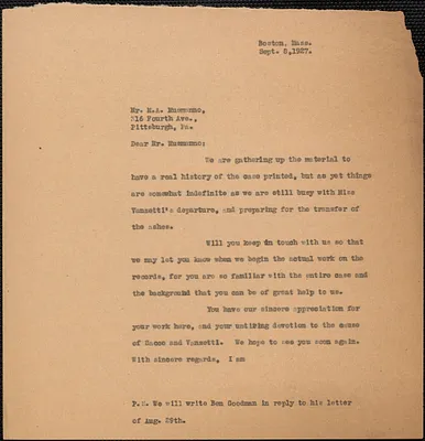 [Gardner Jackson] typed letter (copy) to M. A. Musmanno, Boston, Mass., September 8, 1927