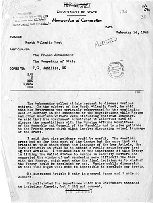 Memorandum of Conversation Between Secretary of State Dean Acheson, the Ambassador of France, and Theodore Achilles