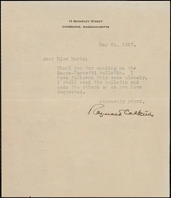 Raymond Calkins typed note signed to [Jeannette] Marks, Cambridge, Mass., May 24, 1927
