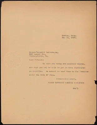 Sacco-Vanzetti Defense Committee typed note (copy) to Sacco-Vanzetti Defense Conference, Philadelphia, Boston, Mass., May 31, 1927