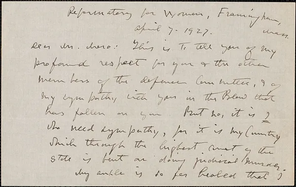 Elizabeth G[lendower] Evans autograph letter signed to [Joseph] Moro, Framingham, Mass., April 7, 1927
