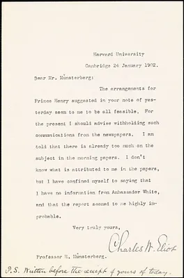 Eliot, Charles William, 1834-1926 typed letter signed to Hugo Münsterberg, Cambridge, Mass., 24 January 1902