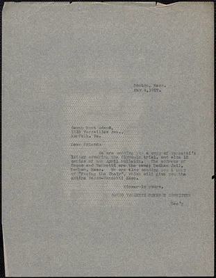 Sacco-Vanzetti Defense Committee typed note (copy) to Sarah Adams Root, Boston, Mass., May 4, 1927