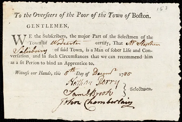 John Covel indentured to apprentice with Stephen Salisbury of Worcester, 30 November 1785