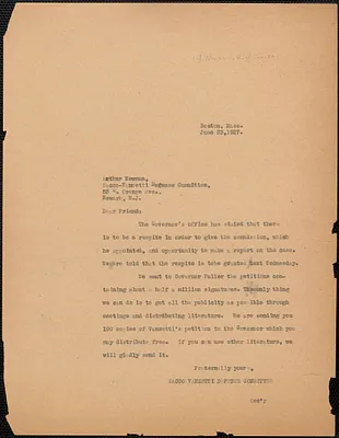 Sacco-Vanzetti Defense Committee typed letter (copy) to Arthur Newman (Sacco-Vanzetti Defense Committee, Newark), Boston, Mass., June 23, 1927