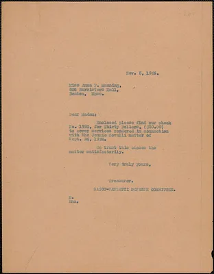 Sacco-Vanzetti Defense Committee typed note to Anna F. Manning, Boston, Mass., November 5, 1924