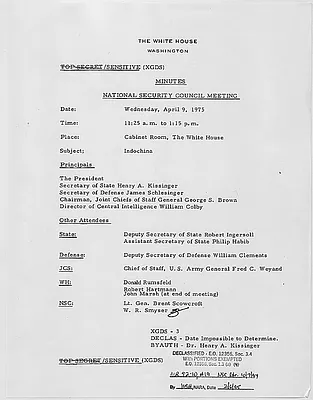 Minutes of the National Security Council Meeting concerning Indochina Attended by President Gerald R. Ford, Secretary of State Henry Kissinger, and Secretary of Defense James Schlesinger, among Others