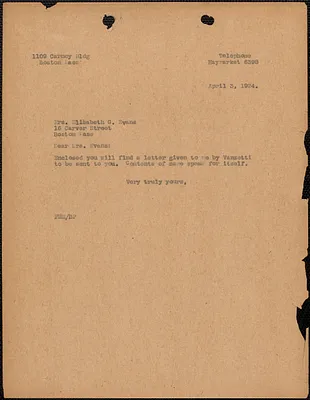[Fred H. Moore] typed note (copy) to Elizabeth G[lendower] Evans, Boston, Mass., April 3, 1924