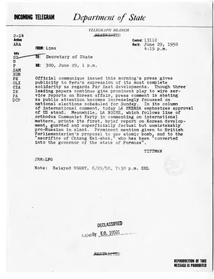 Telegram from Harold Tittmann, Jr., to Secretary of State Dean Acheson