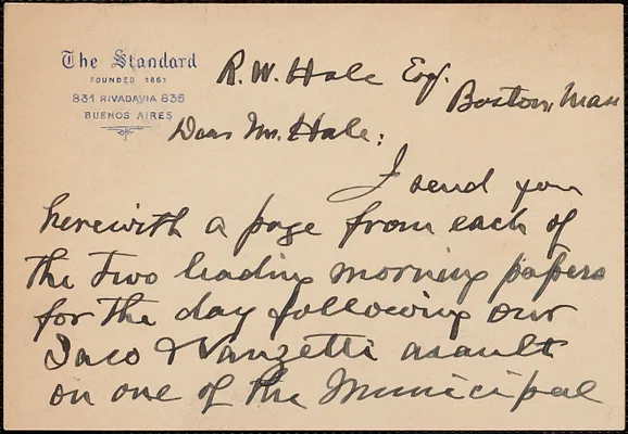 William Vinal Burt (The Standard) autograph note signed to R. W. Hale, Buenos Aires, Argentina, June 10, 1927