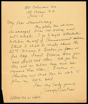 Jastrow, Joseph, 1863-1944 autograph letter signed to Hugo Münsterberg, Mt. Vernon, N.Y., 13 June