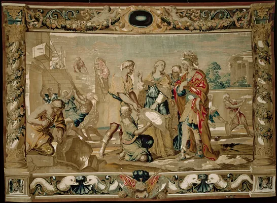 Dido shows Aeneas the plans for the fortifications of Carthage
