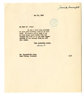 Correspondence Between Bess W. Truman and Summerfield Jones