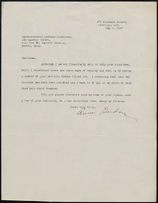 Anna Gordon typed note signed to Sacco-Vanzetti Defense Committee, Brooklyn, N.Y., May 2, 1927