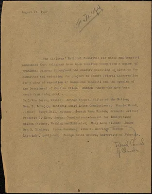 Citizens National Committee for Sacco and Vanzetti press release (copy), [Boston, Mass.], August 16, 1927