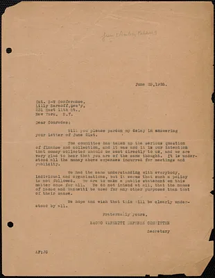 Amleto Fabbri (Sacco-Vanzetti Defense Committee) typed letter (copy) to Lilly Sarnoff (International Sacco-Vanzetti Conference), Boston, Mass., June 25, 1926