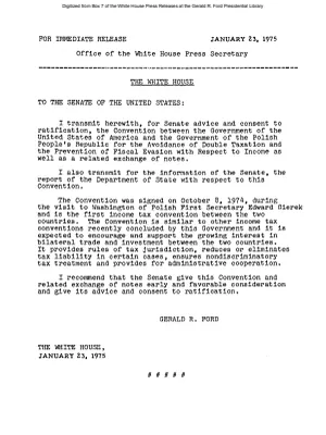 President's Letter to Senate submitting the Convention between the Government of the US and the Government of Poland for the Avoidance of Double Taxation and the Prevention of Fiscal Evasion with Respect to Income, and report of the DOS on this Convention